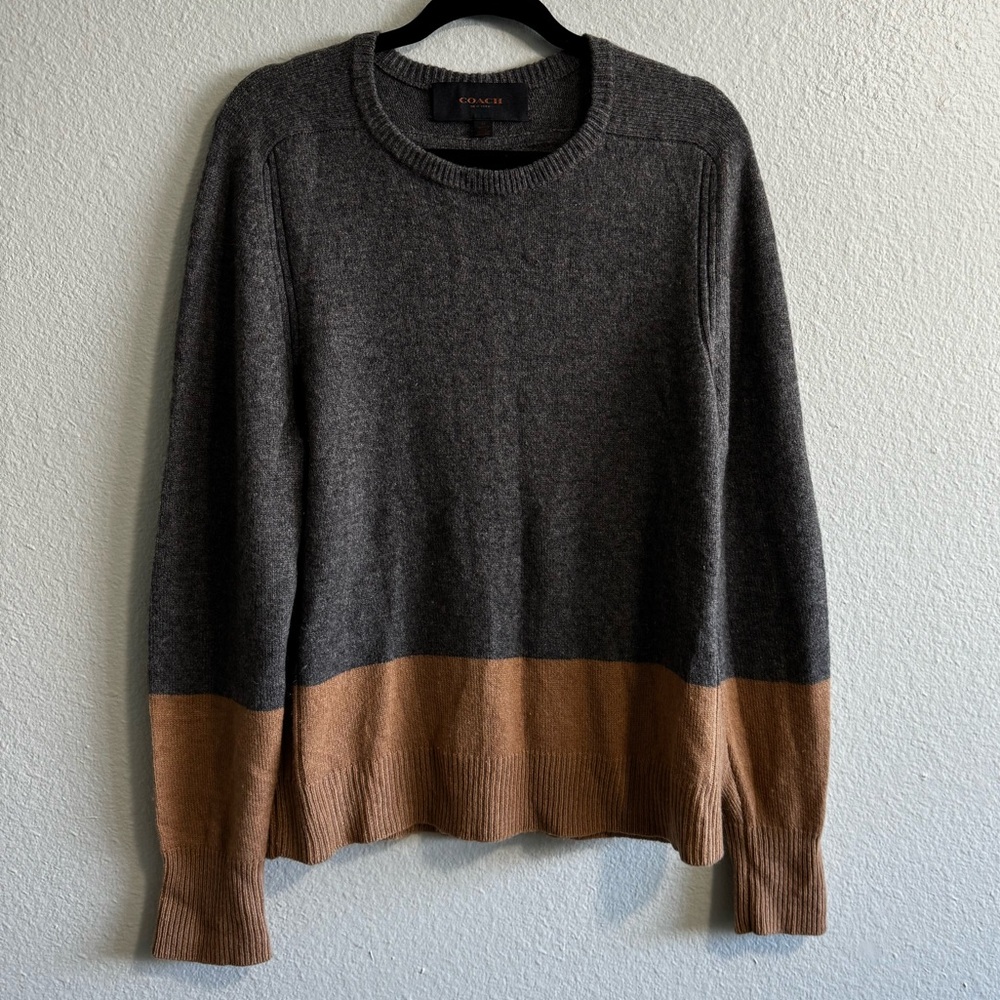 Coach Colorblock Grey Tan Leather Elbow Patch Crew Neck Sweater